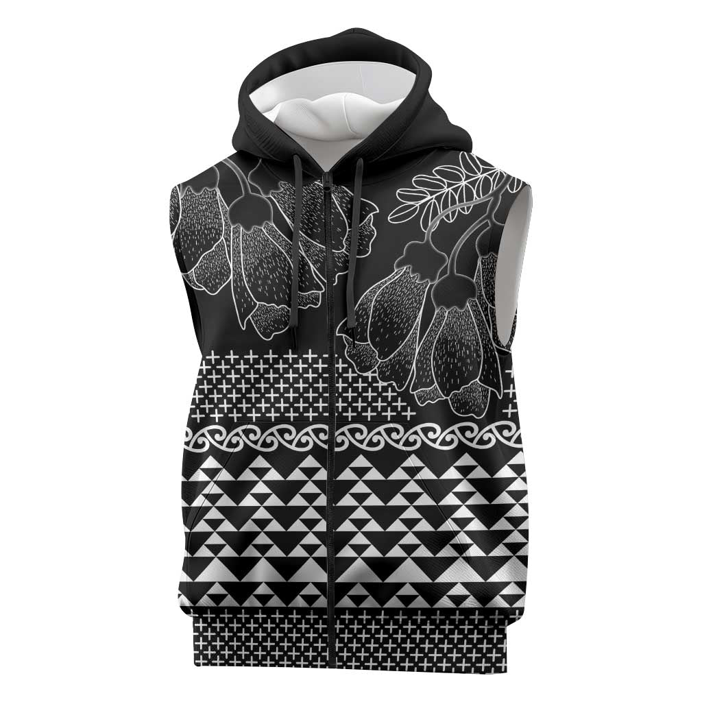 Black Taniko Kowhaiwhai Tukutuku Motif Sleeveless Zip Hoodie LT9