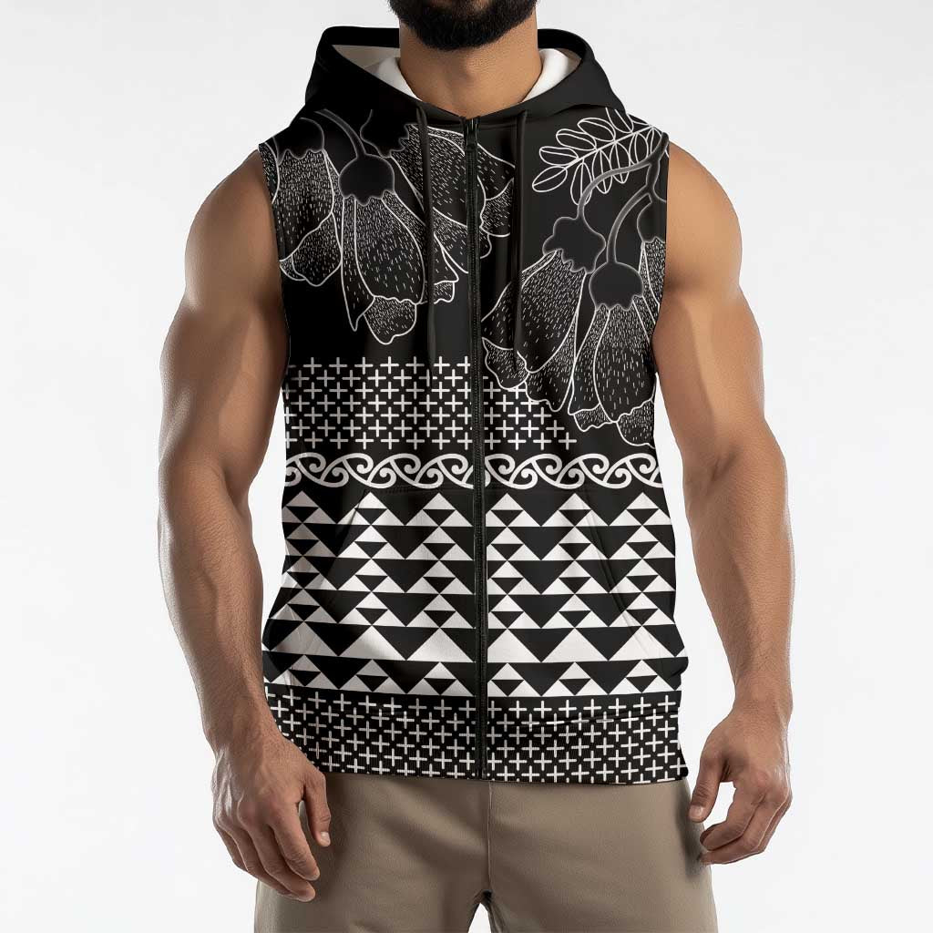 Black Taniko Kowhaiwhai Tukutuku Motif Sleeveless Zip Hoodie LT9
