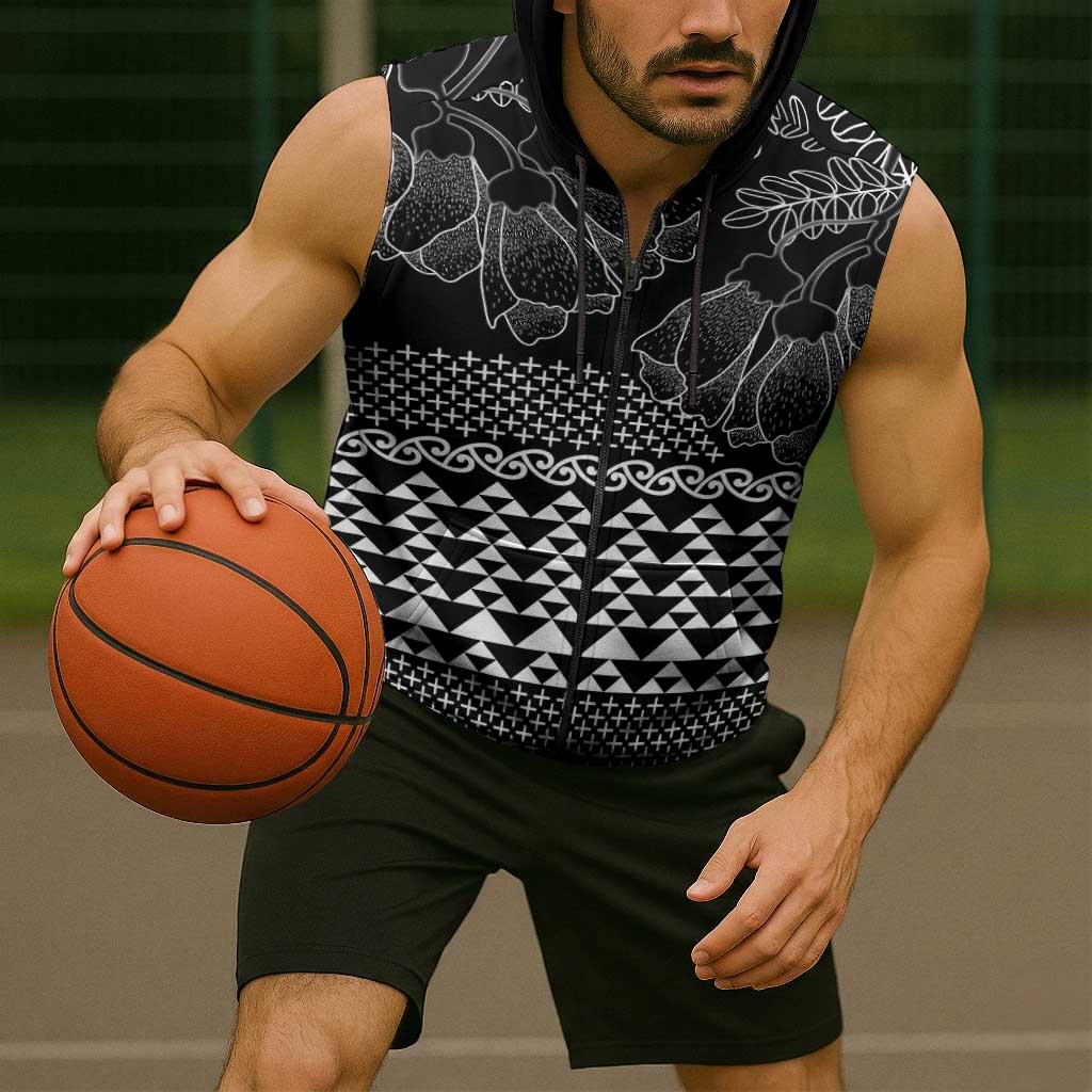 Black Taniko Kowhaiwhai Tukutuku Motif Sleeveless Zip Hoodie LT9