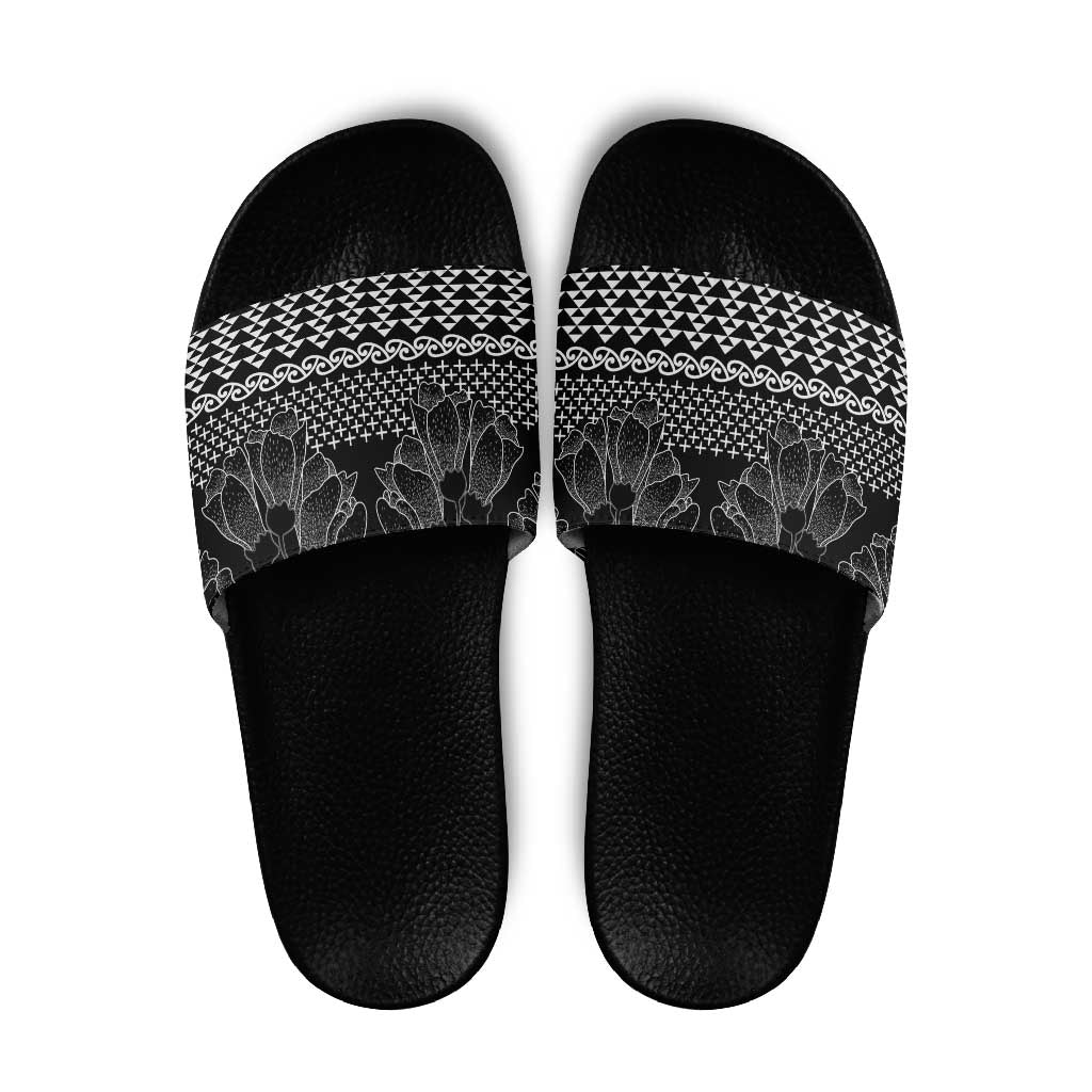 Black Taniko Kowhaiwhai Tukutuku Motif Slide Sandals - Aussie Hoodie