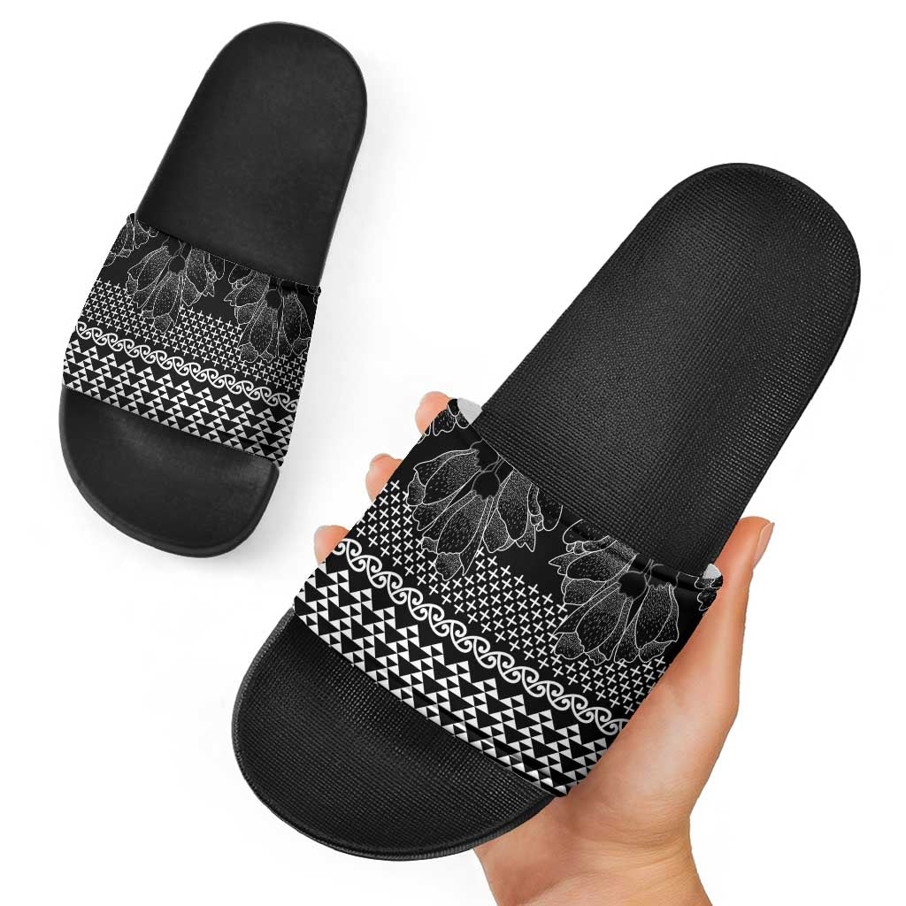 Black Taniko Kowhaiwhai Tukutuku Motif Slide Sandals - Aussie Hoodie