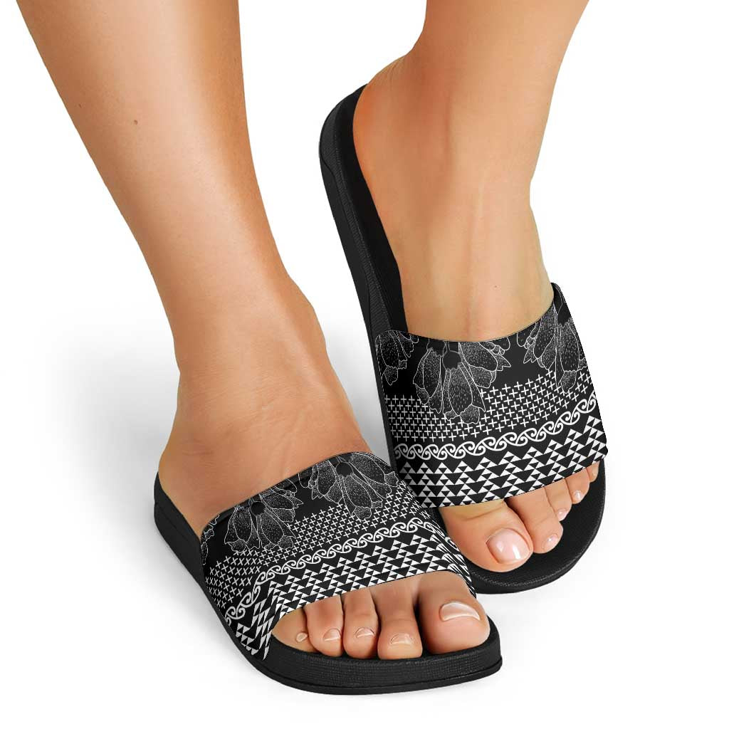 Black Taniko Kowhaiwhai Tukutuku Motif Slide Sandals - Aussie Hoodie
