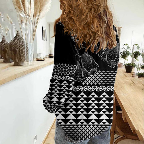 Black Taniko Kowhaiwhai Tukutuku Motif Women Casual Shirt