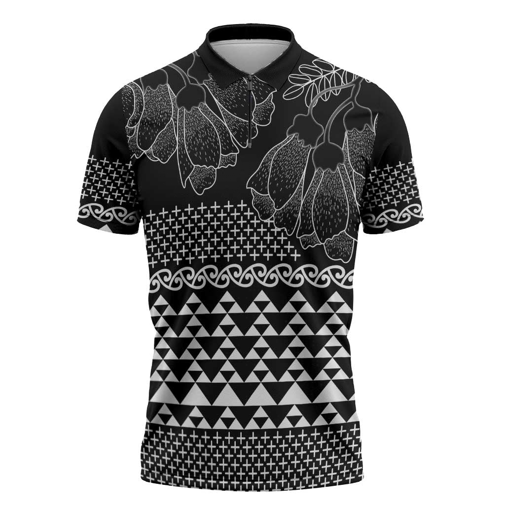 Black Taniko Kowhaiwhai Tukutuku Motif Zipper Polo Shirt - Aussie Hoodie
