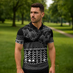 Black Taniko Kowhaiwhai Tukutuku Motif Zipper Polo Shirt - Aussie Hoodie