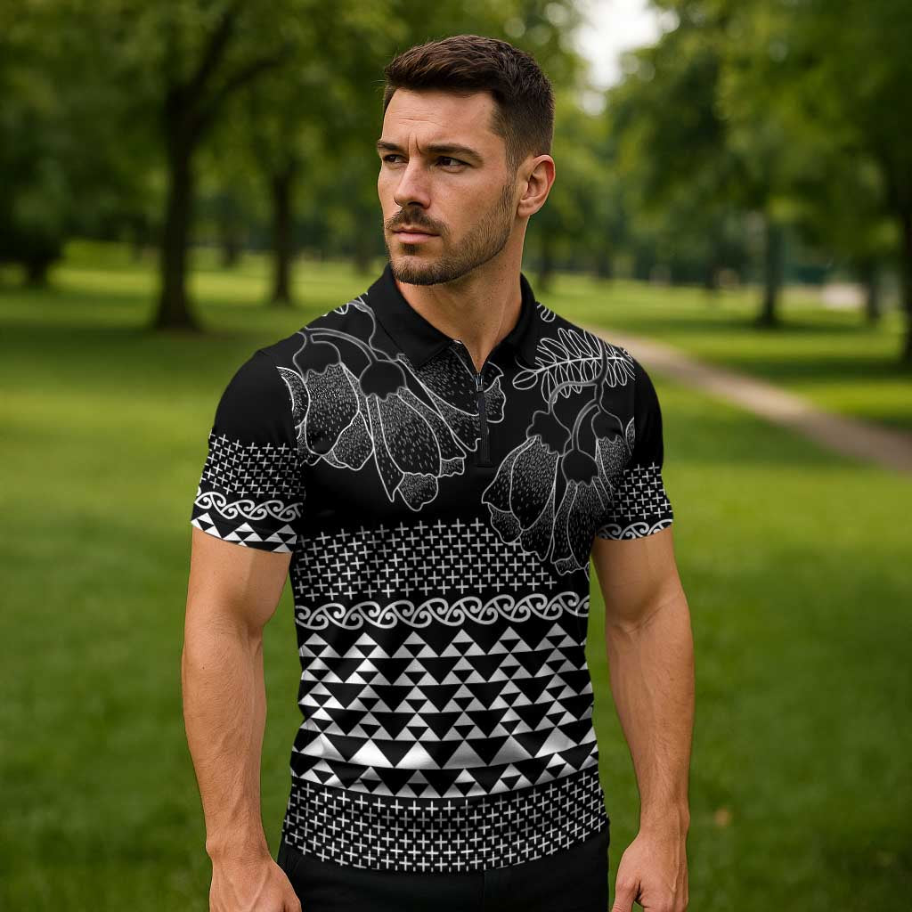Black Taniko Kowhaiwhai Tukutuku Motif Zipper Polo Shirt - Aussie Hoodie