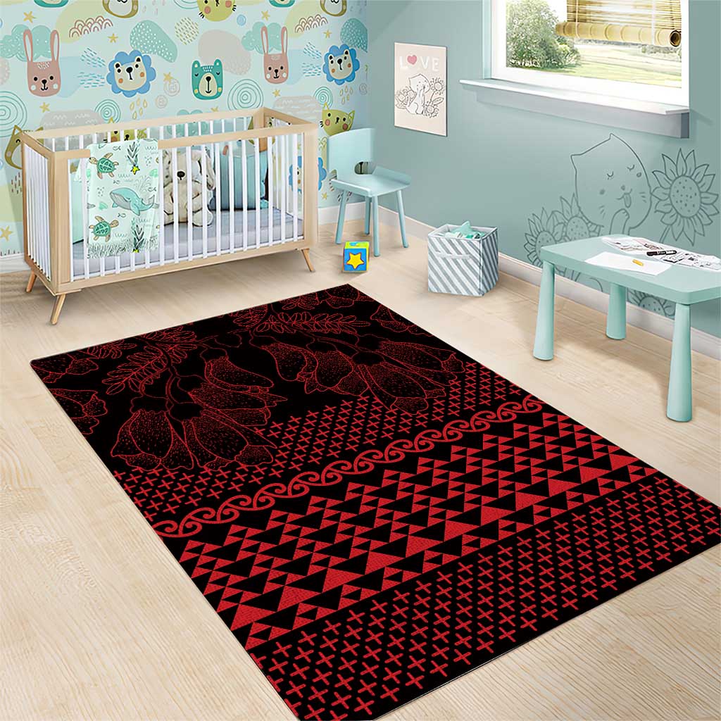 Red Taniko Kowhaiwhai Tukutuku Motif Area Rug