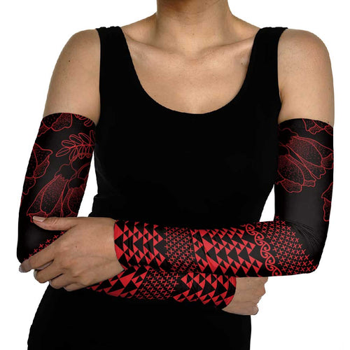 Red Taniko Kowhaiwhai Tukutuku Motif Arm Sleeves - Aussie Hoodie