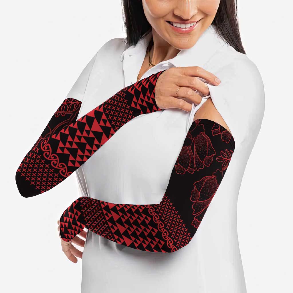 Red Taniko Kowhaiwhai Tukutuku Motif Arm Sleeves - Aussie Hoodie