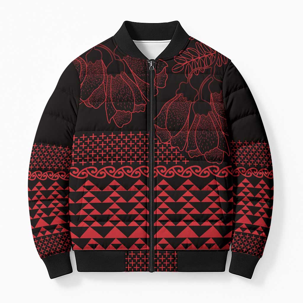 Red Taniko Kowhaiwhai Tukutuku Motif Bomber Puffer Jacket - Aussie Hoodie