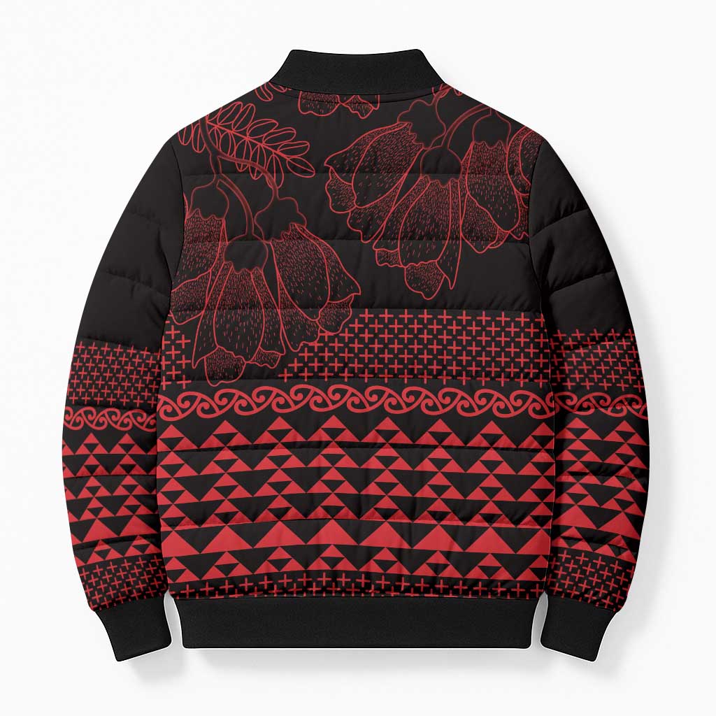 Red Taniko Kowhaiwhai Tukutuku Motif Bomber Puffer Jacket - Aussie Hoodie