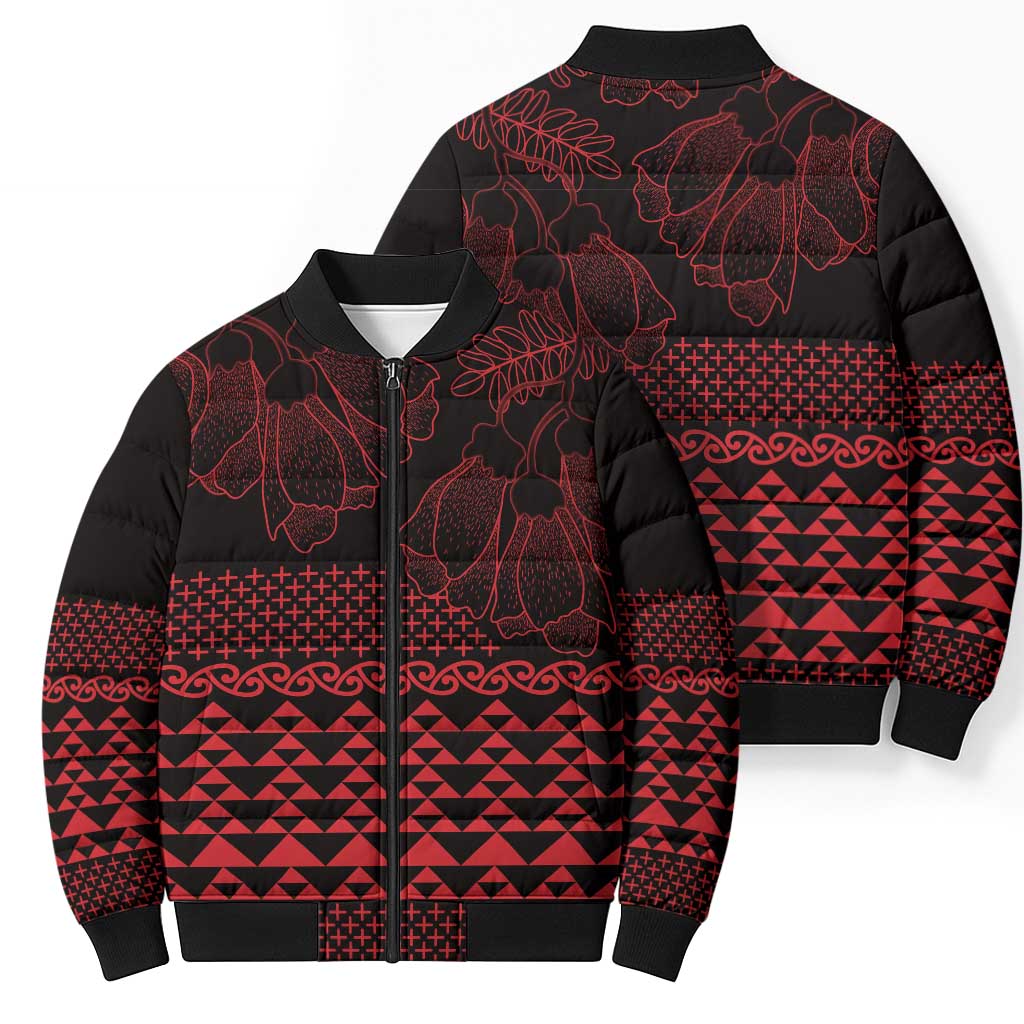 Red Taniko Kowhaiwhai Tukutuku Motif Bomber Puffer Jacket - Aussie Hoodie