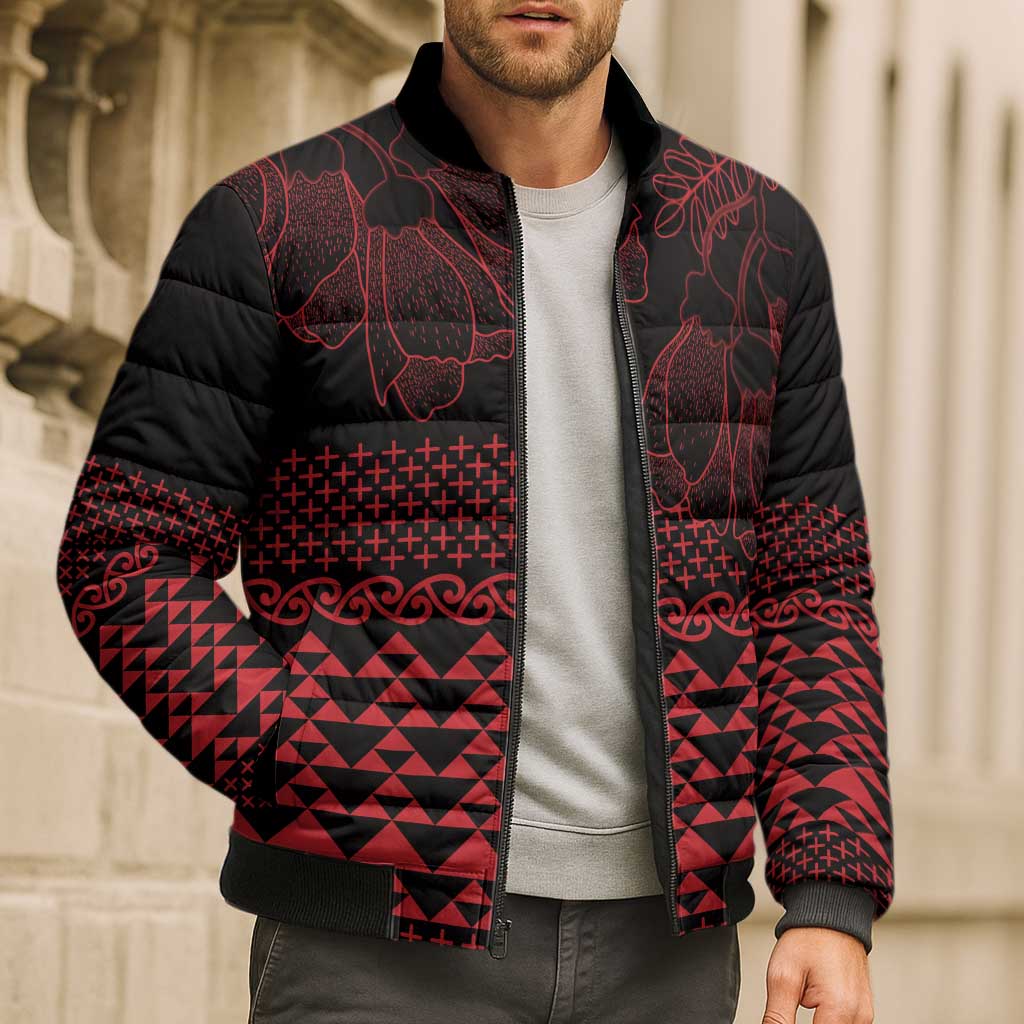 Red Taniko Kowhaiwhai Tukutuku Motif Bomber Puffer Jacket - Aussie Hoodie