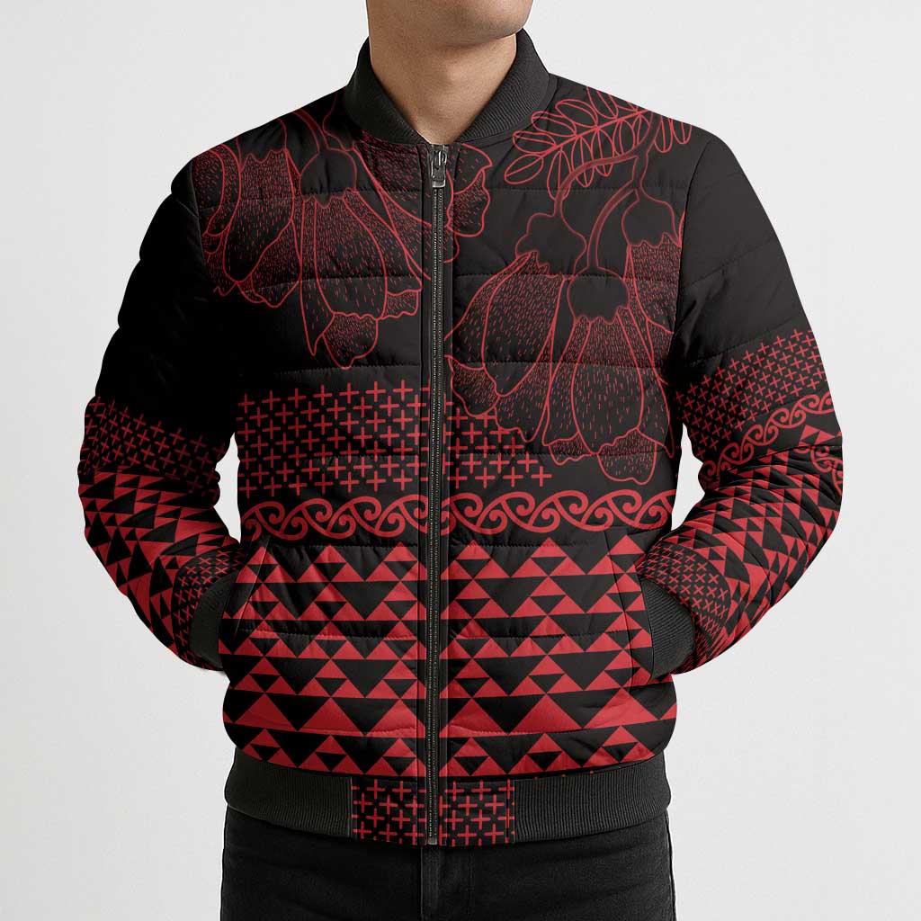 Red Taniko Kowhaiwhai Tukutuku Motif Bomber Puffer Jacket - Aussie Hoodie