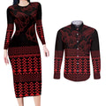 Red Taniko Kowhaiwhai Tukutuku Motif Couples Matching Long Sleeve Bodycon Dress and Long Sleeve Button Shirt
