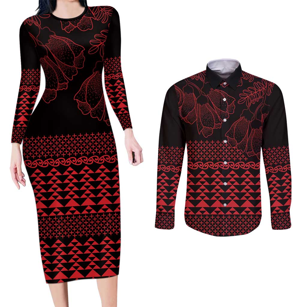 Red Taniko Kowhaiwhai Tukutuku Motif Couples Matching Long Sleeve Bodycon Dress and Long Sleeve Button Shirt