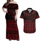 Red Taniko Kowhaiwhai Tukutuku Motif Couples Matching Off Shoulder Maxi Dress and Hawaiian Shirt