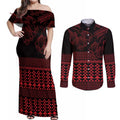 Red Taniko Kowhaiwhai Tukutuku Motif Couples Matching Off Shoulder Maxi Dress and Long Sleeve Button Shirt