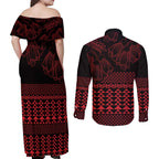Red Taniko Kowhaiwhai Tukutuku Motif Couples Matching Off Shoulder Maxi Dress and Long Sleeve Button Shirt