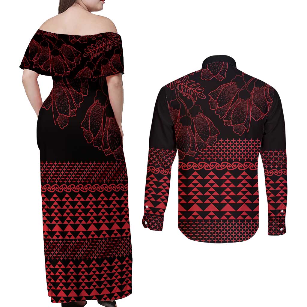 Red Taniko Kowhaiwhai Tukutuku Motif Couples Matching Off Shoulder Maxi Dress and Long Sleeve Button Shirt