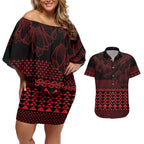 Red Taniko Kowhaiwhai Tukutuku Motif Couples Matching Off Shoulder Short Dress and Hawaiian Shirt