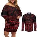 Red Taniko Kowhaiwhai Tukutuku Motif Couples Matching Off Shoulder Short Dress and Long Sleeve Button Shirt