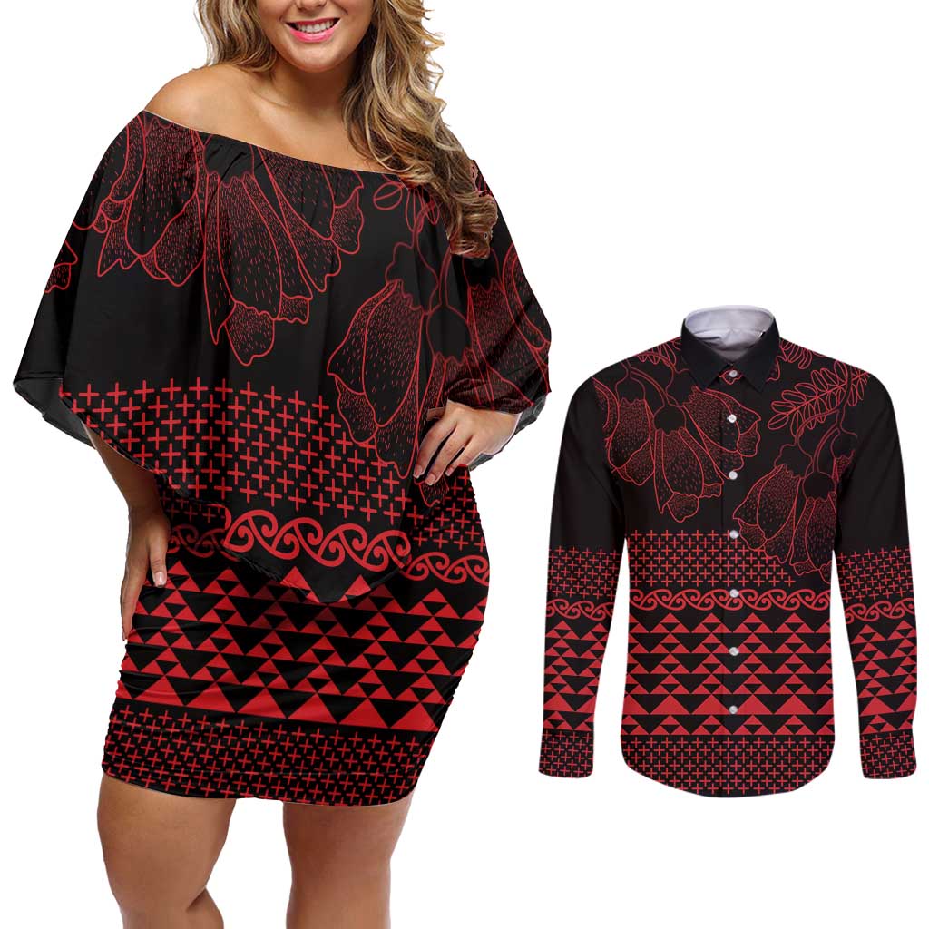 Red Taniko Kowhaiwhai Tukutuku Motif Couples Matching Off Shoulder Short Dress and Long Sleeve Button Shirt