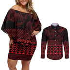 Red Taniko Kowhaiwhai Tukutuku Motif Couples Matching Off Shoulder Short Dress and Long Sleeve Button Shirt