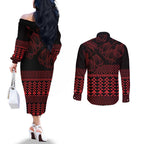 Red Taniko Kowhaiwhai Tukutuku Motif Couples Matching Off The Shoulder Long Sleeve Dress and Long Sleeve Button Shirt