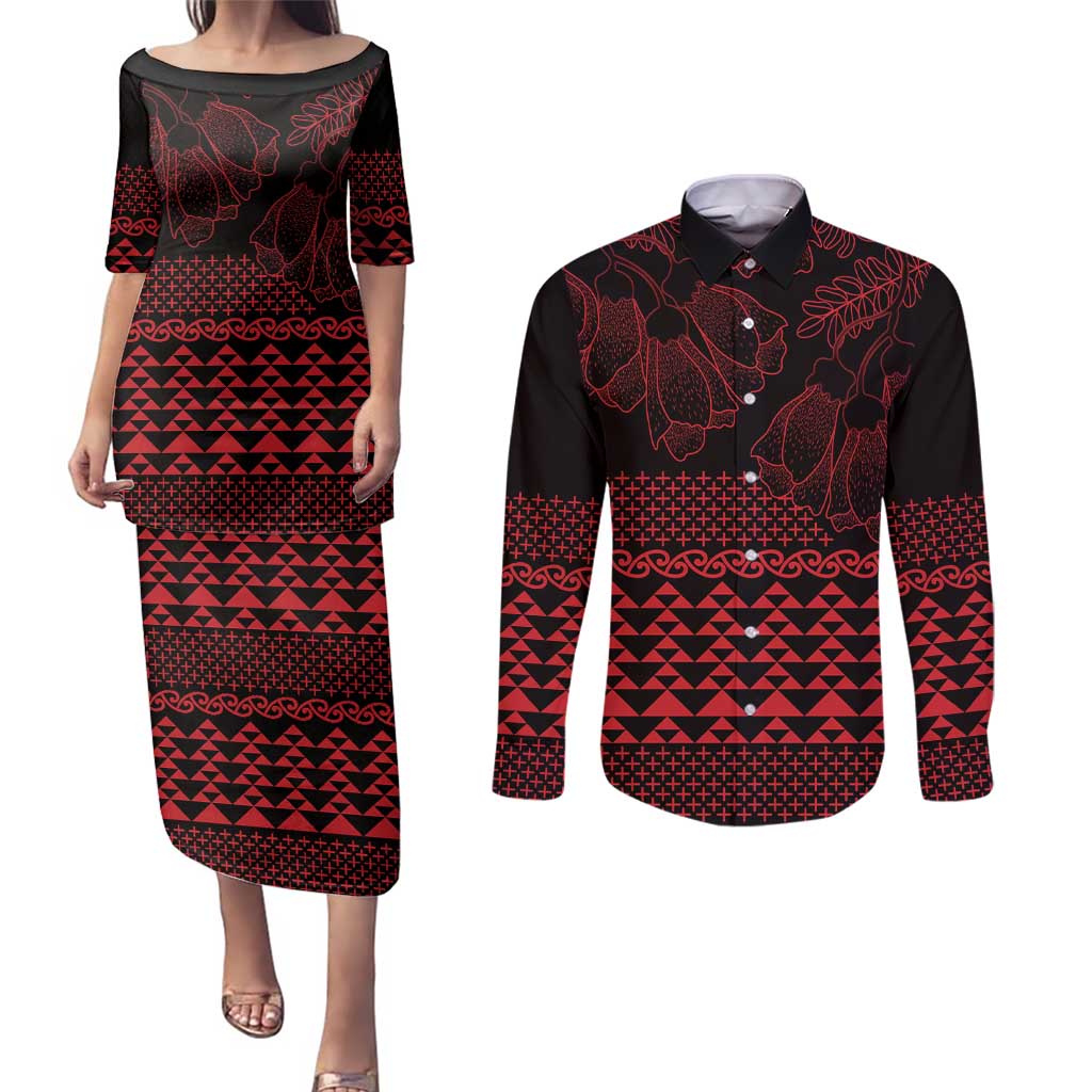 Red Taniko Kowhaiwhai Tukutuku Motif Couples Matching Puletasi and Long Sleeve Button Shirt