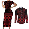 Red Taniko Kowhaiwhai Tukutuku Motif Couples Matching Short Sleeve Bodycon Dress and Long Sleeve Button Shirt