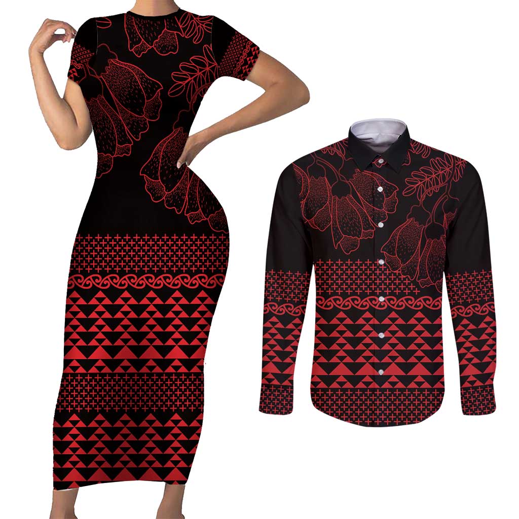 Red Taniko Kowhaiwhai Tukutuku Motif Couples Matching Short Sleeve Bodycon Dress and Long Sleeve Button Shirt