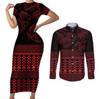 Red Taniko Kowhaiwhai Tukutuku Motif Couples Matching Short Sleeve Bodycon Dress and Long Sleeve Button Shirt