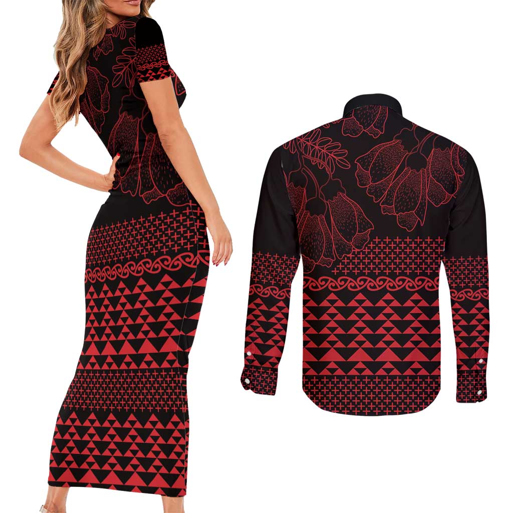 Red Taniko Kowhaiwhai Tukutuku Motif Couples Matching Short Sleeve Bodycon Dress and Long Sleeve Button Shirt