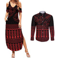 Red Taniko Kowhaiwhai Tukutuku Motif Couples Matching Summer Maxi Dress and Long Sleeve Button Shirt