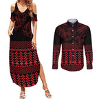 Red Taniko Kowhaiwhai Tukutuku Motif Couples Matching Summer Maxi Dress and Long Sleeve Button Shirt