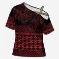 Red Taniko Kowhaiwhai Tukutuku Motif Cross Shoulder Shirt - Aussie Hoodie