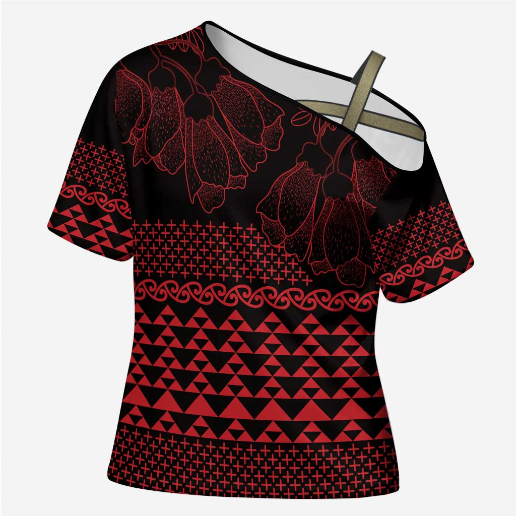 Red Taniko Kowhaiwhai Tukutuku Motif Cross Shoulder Shirt - Aussie Hoodie