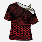 Red Taniko Kowhaiwhai Tukutuku Motif Cross Shoulder Shirt - Aussie Hoodie
