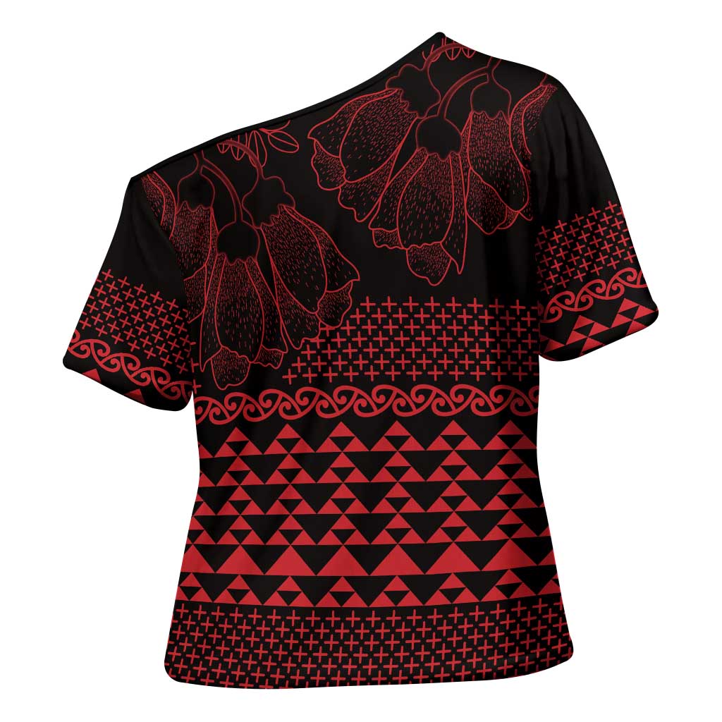Red Taniko Kowhaiwhai Tukutuku Motif Cross Shoulder Shirt - Aussie Hoodie