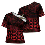 Red Taniko Kowhaiwhai Tukutuku Motif Cross Shoulder Shirt - Aussie Hoodie