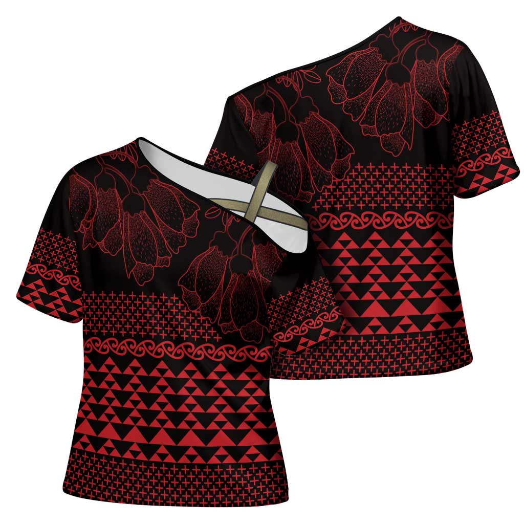 Red Taniko Kowhaiwhai Tukutuku Motif Cross Shoulder Shirt - Aussie Hoodie