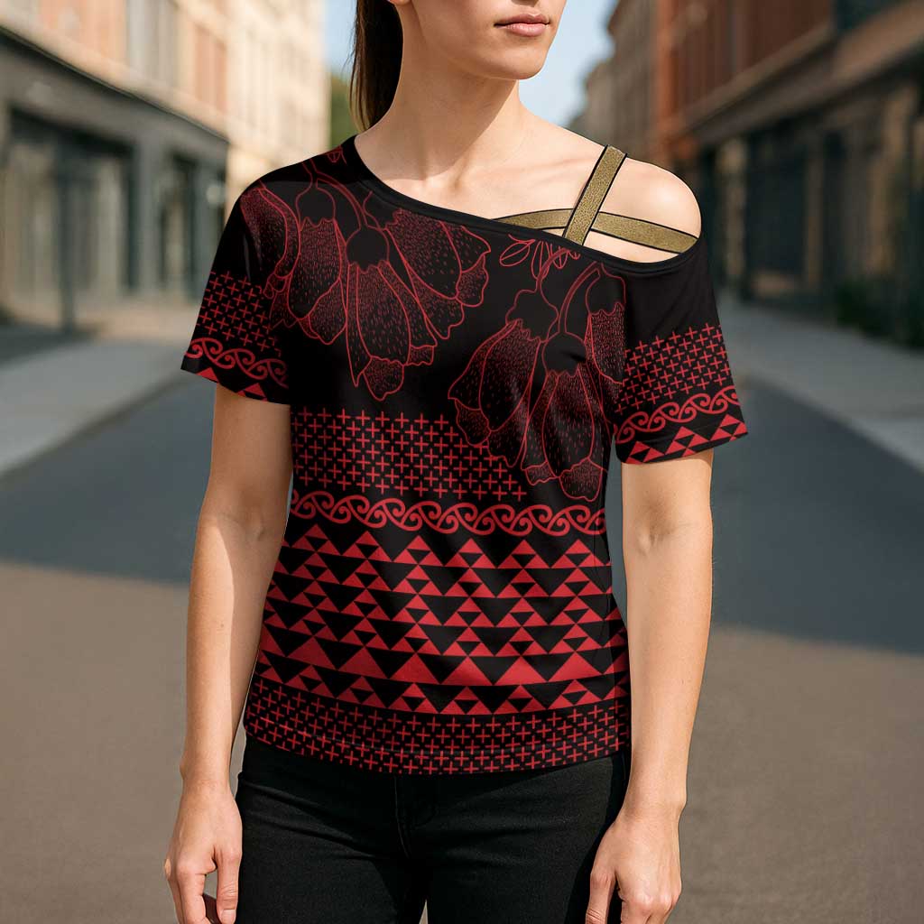 Red Taniko Kowhaiwhai Tukutuku Motif Cross Shoulder Shirt - Aussie Hoodie