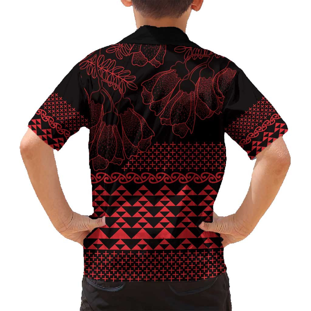 Red Taniko Kowhaiwhai Tukutuku Motif Family Matching Long Sleeve Bodycon Dress and Hawaiian Shirt