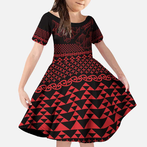 Red Taniko Kowhaiwhai Tukutuku Motif Family Matching Long Sleeve Bodycon Dress and Hawaiian Shirt