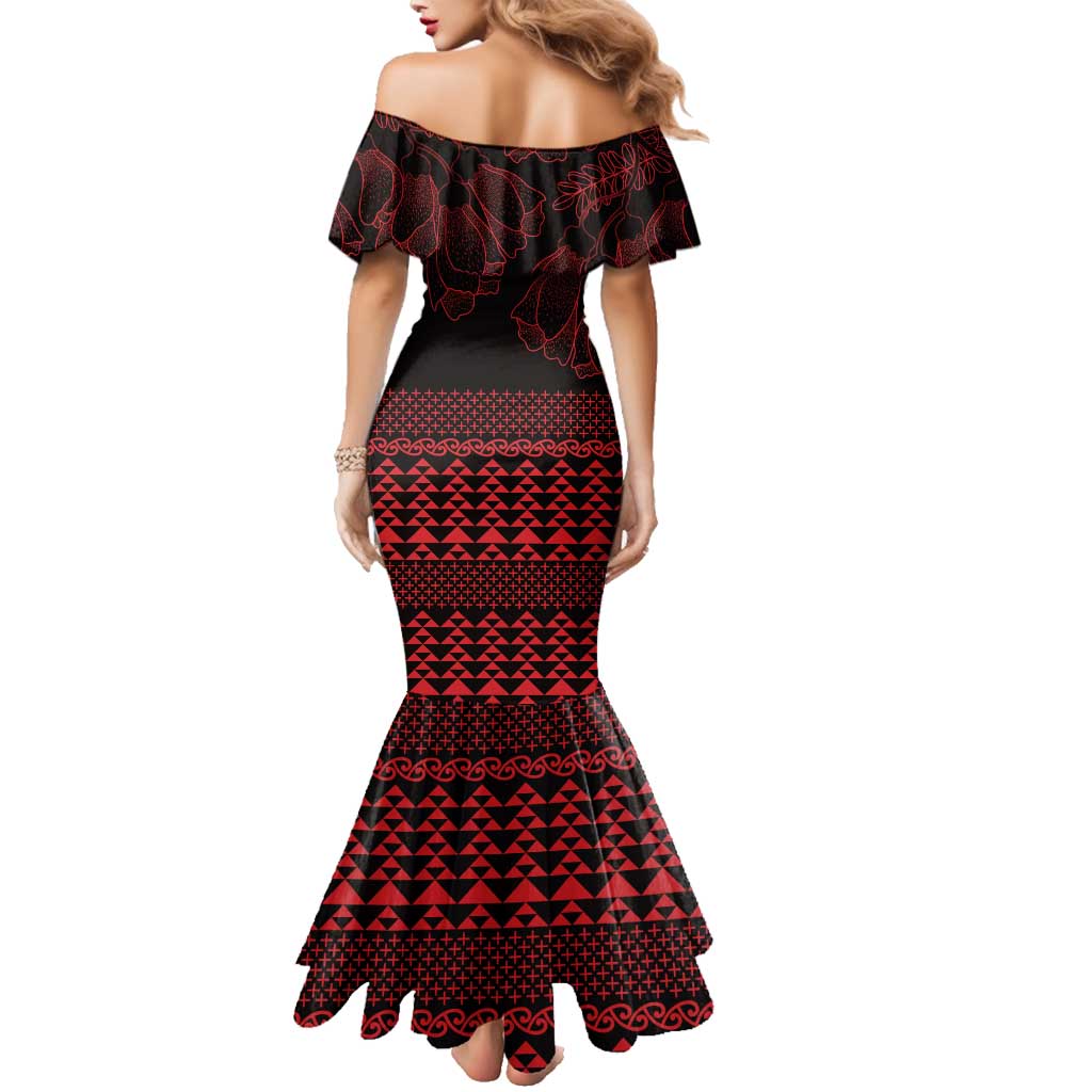 Red Taniko Kowhaiwhai Tukutuku Motif Family Matching Mermaid Dress and Hawaiian Shirt