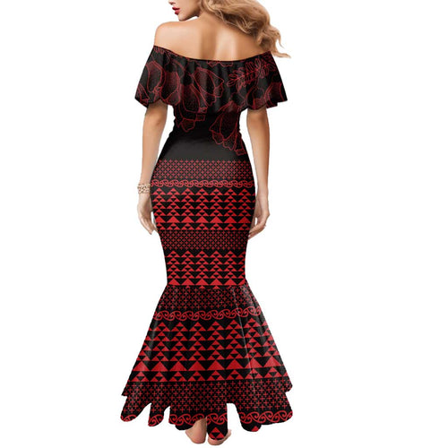 Red Taniko Kowhaiwhai Tukutuku Motif Family Matching Mermaid Dress and Hawaiian Shirt
