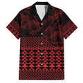 Red Taniko Kowhaiwhai Tukutuku Motif Family Matching Off The Shoulder Long Sleeve Dress and Hawaiian Shirt