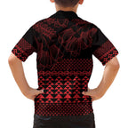 Red Taniko Kowhaiwhai Tukutuku Motif Family Matching Off Shoulder Maxi Dress and Hawaiian Shirt