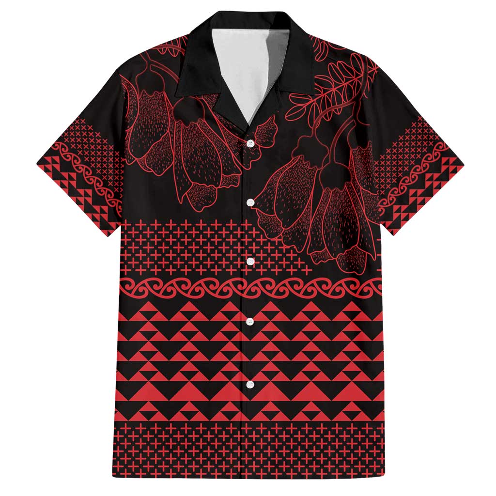 Red Taniko Kowhaiwhai Tukutuku Motif Family Matching Off Shoulder Maxi Dress and Hawaiian Shirt